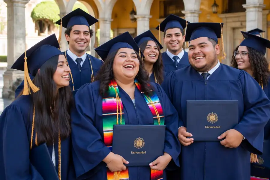 Egresados mexicanos de distintas complexiones celebrando su graduación